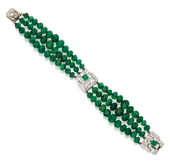 Lot-67-Platinum-Emerald-Bead-Diamond-and-Emerald-Bracelet-Lacloche-Frères-France-Circa-1930