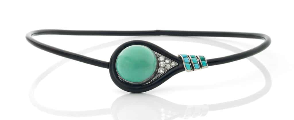 SUZANNE BELPERRON, collier «Torque». Turquoises, diamants taille rose, émail noir. Argent.